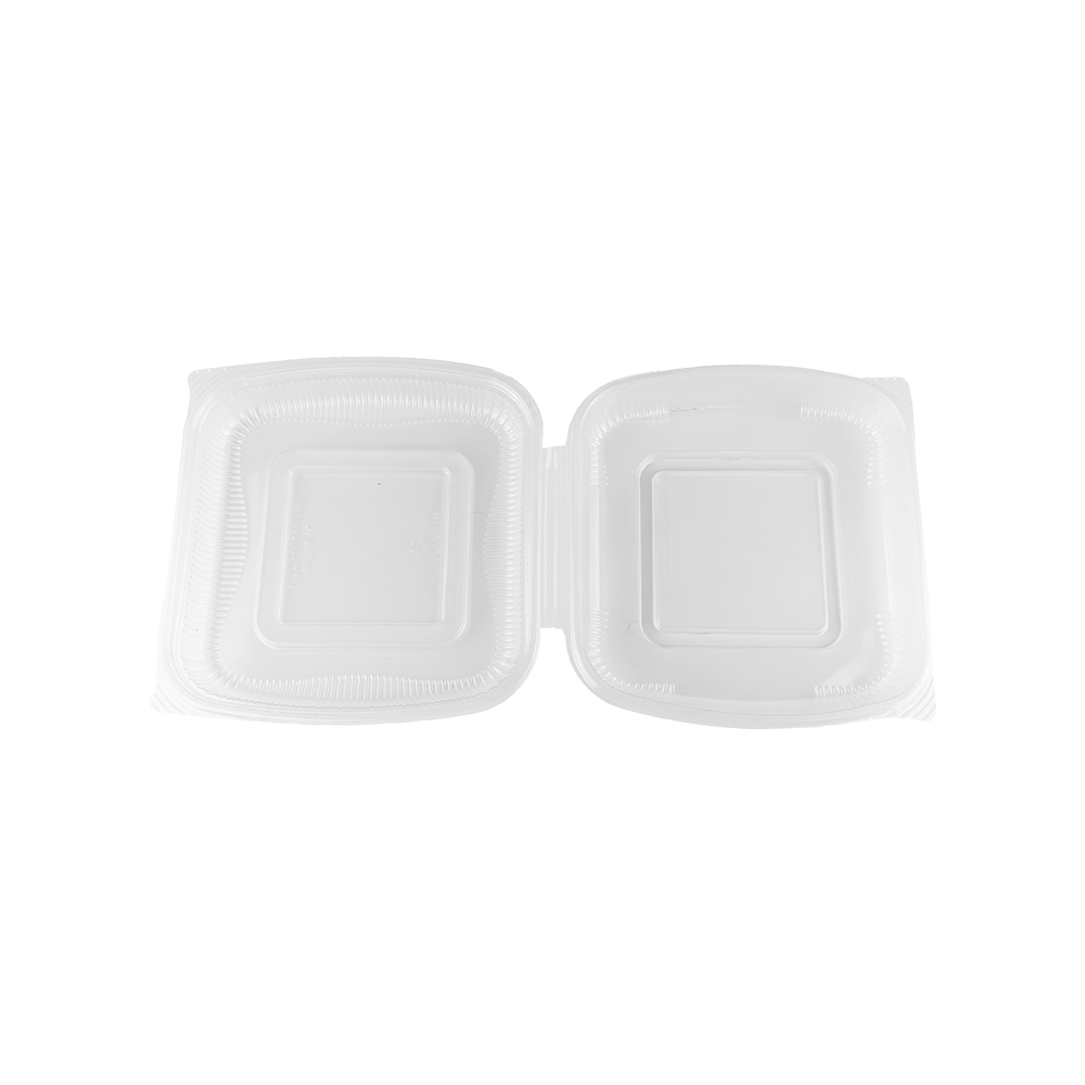 1CL-NB-8-PUN compostable clear clamshell container one compartment shallow depth