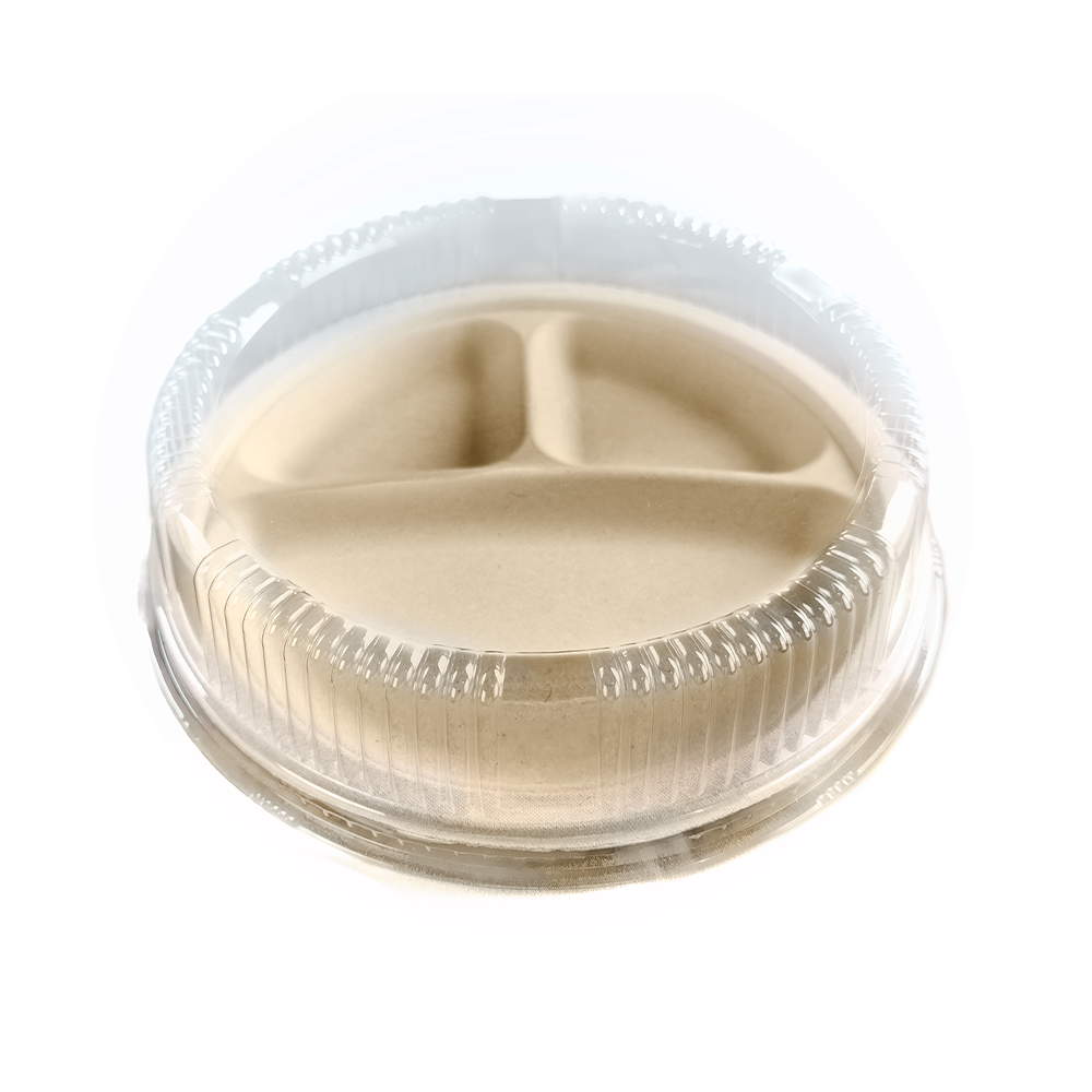 3FP-NB-9-BUN FPL-NB-9-EUN compostable three compartment plate with domed lid